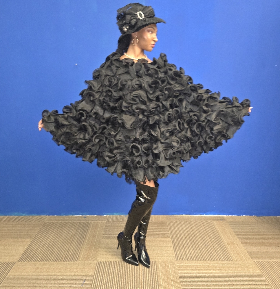 Black Satin Ruffled Cape with Matching Hat
